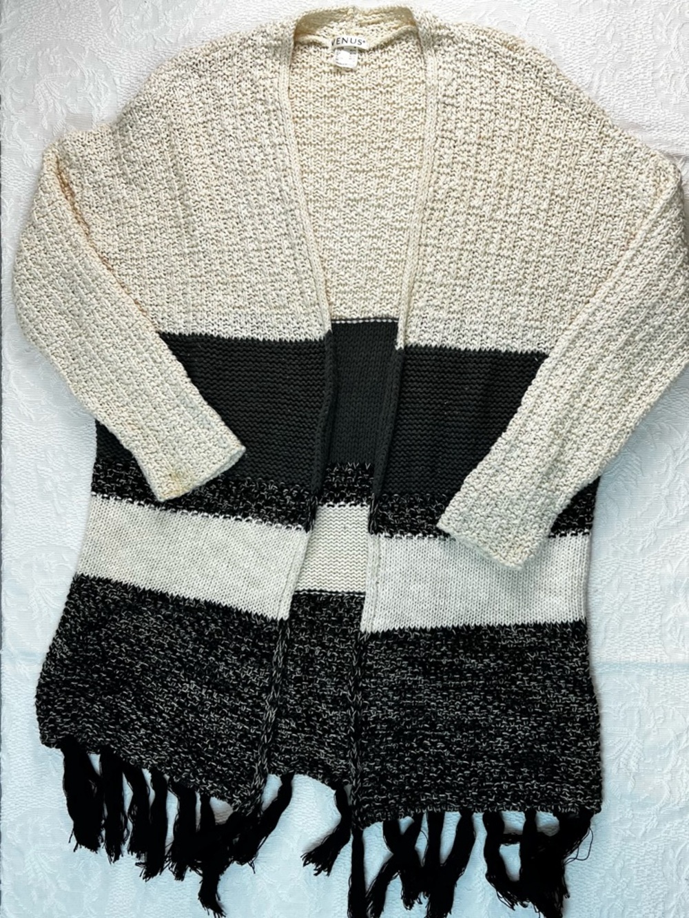 VENUS Black and Cream Striped Fringe Knit Open Cardigan